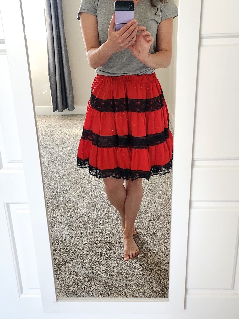 Handnade Red Lace-Trim Tiered Skirt - Women